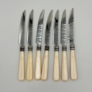 VTG Steak Knives Set 7 Faux Bone Handle Stainless China Mid Century Retro